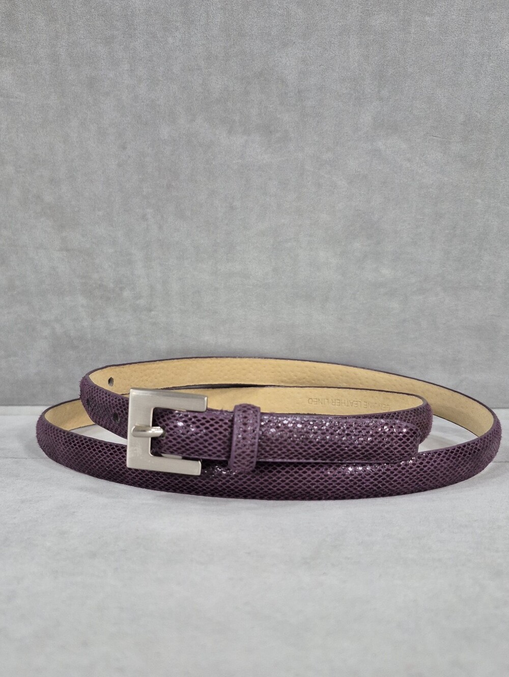 Skinny belt women's large purple snake print square silver buckle